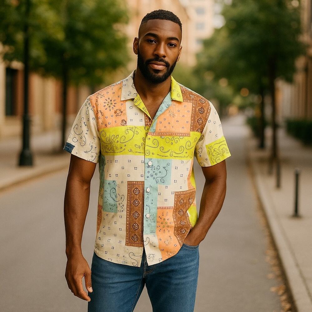 NO BOUNDARIES Mens Rayon Colorful Bandana Print Short Sleeve Casual Button Up M